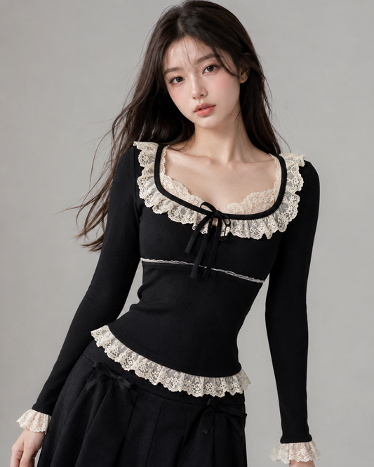 Vintage Flare Sleeve Bow Crop Top