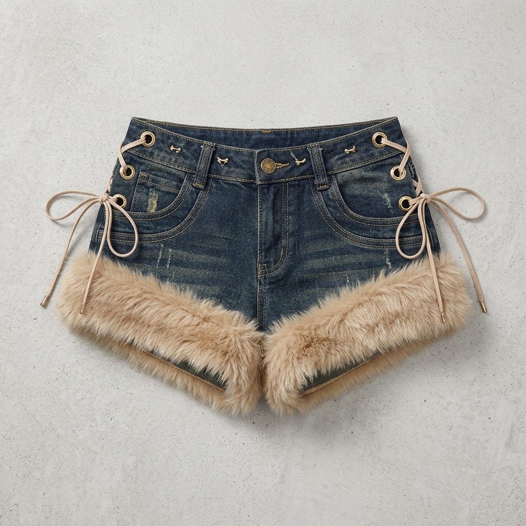 Fluffy Splicing Denim Shorts