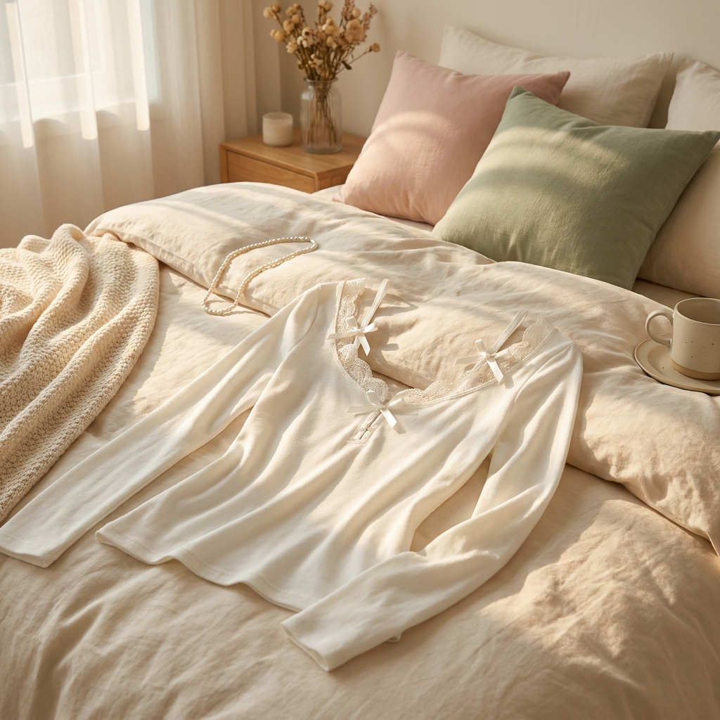 Dreamy Lace Bow Top styled in a cozy sunlit bedroom lifestyle setting