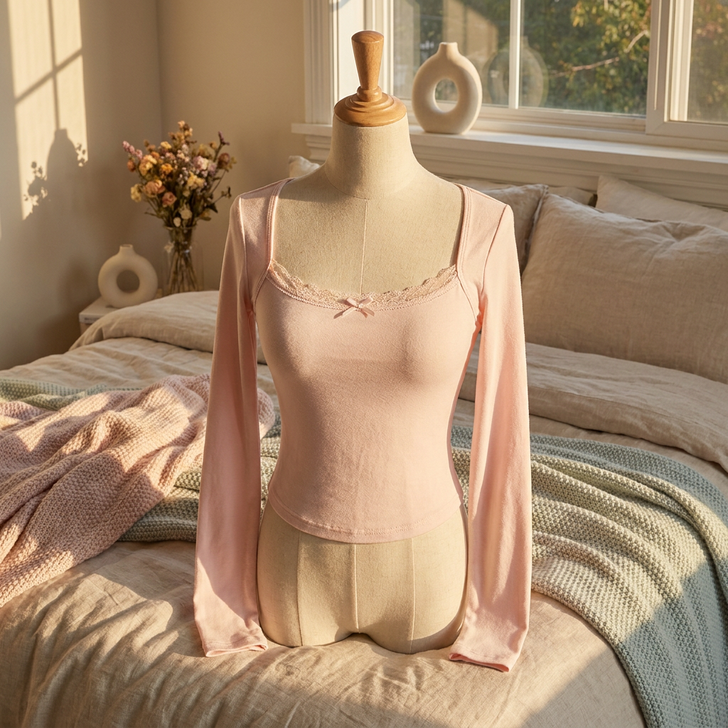 Sweetheart Lace Long Sleeve Top styled in a cozy sunlit bedroom lifestyle setting